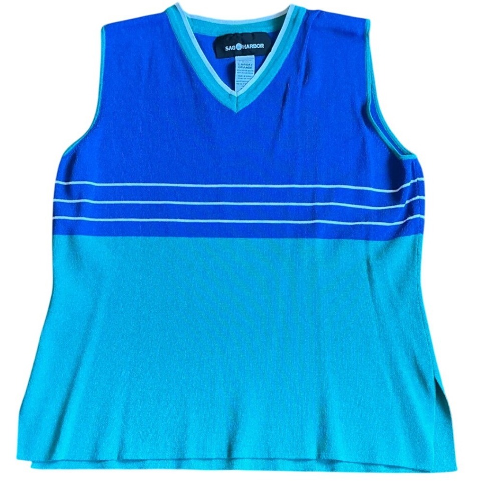 Sag Harbor Vintage‎ Blue Teal Colorblock Knit Sweater Vest V-Neck Large 543229